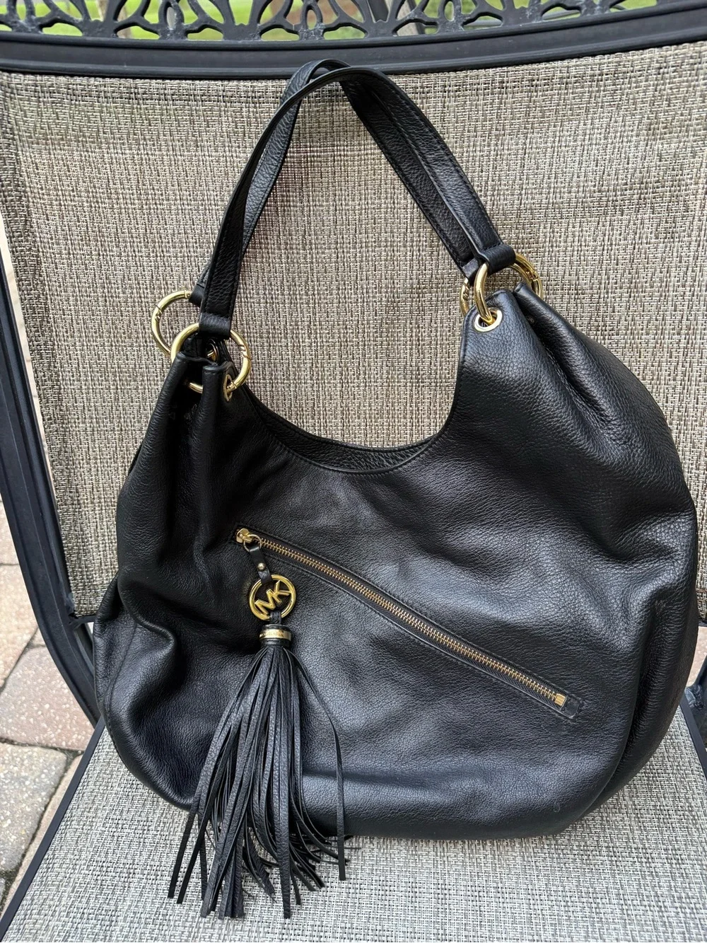 Michael Kors Black Pebbled Leather Hobo with Tassel and Gold Hardware